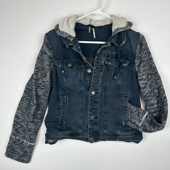 Free People Distresssed Denim Jacket Dark Blue Wash - Picture 1 of 7